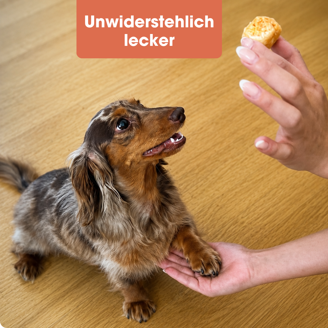 Dackel bekommt knusprigen KAUDAS Käse Pop als Hundesnack