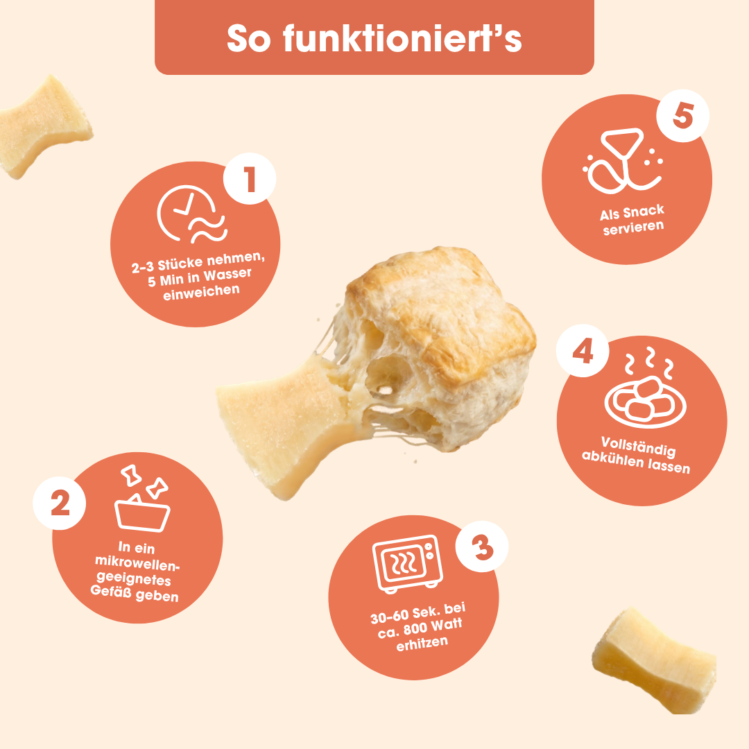 Käse Pops Zubereitung in 5 Schritten – einweichen, in Mikrowelle erhitzen, abkühlen, servieren