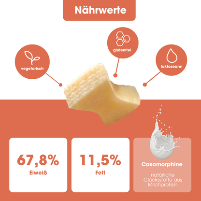 Käse Pops Nährwerte: 67,8 % Eiweiß, 11,5 % Fett, vegetarisch, glutenfrei, laktosearm
